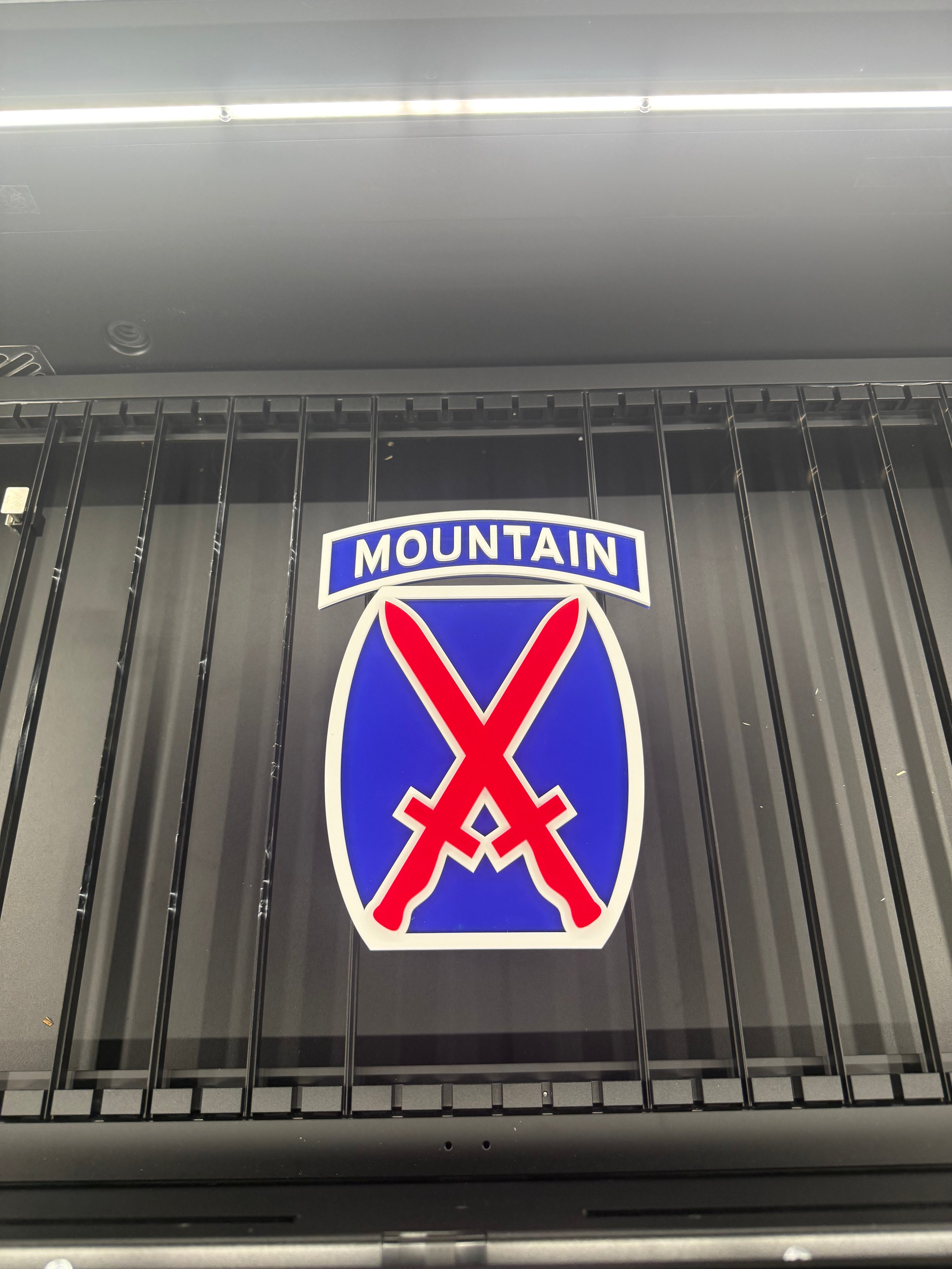 Custom layered acrylic 10th Mountain Division sign — precision laser cut military display for office or wall