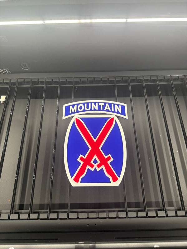 Custom layered acrylic 10th Mountain Division sign — precision laser cut military display for office or wall