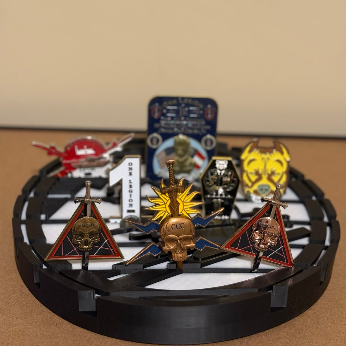 Custom black circular challenge coin holder military coin display