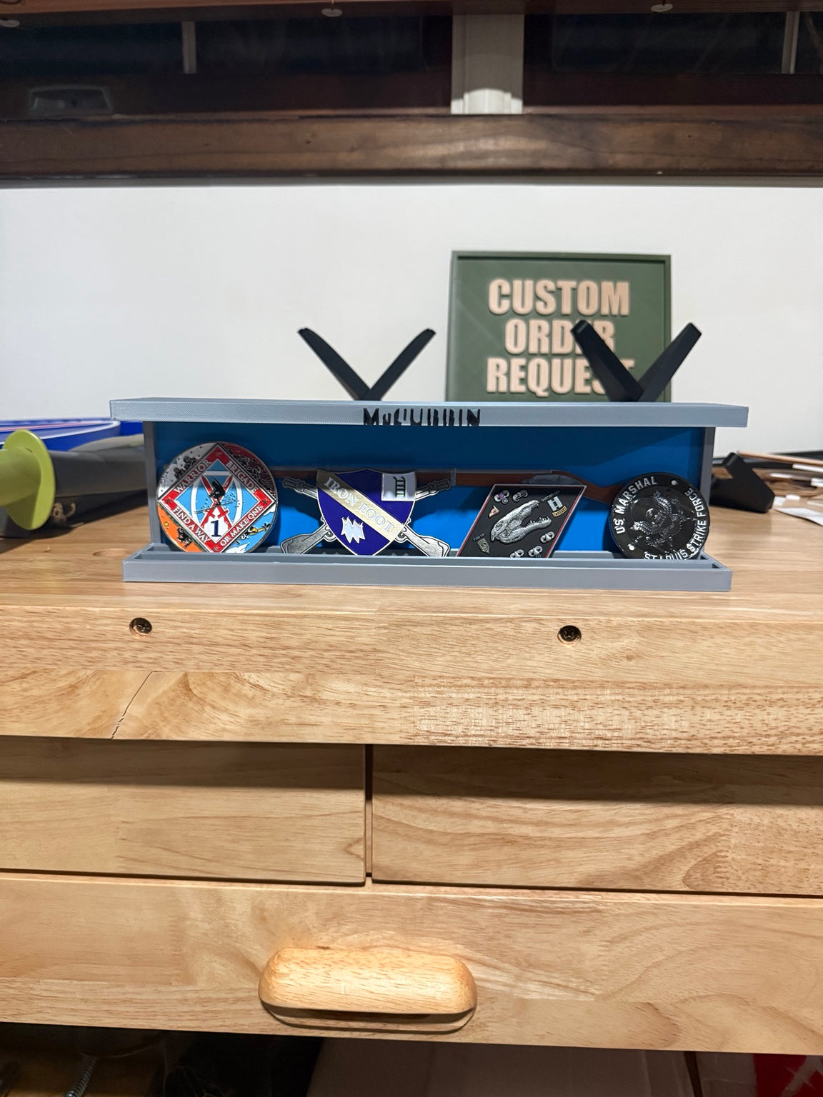 Custom linear military challenge coin holder with unit insignia